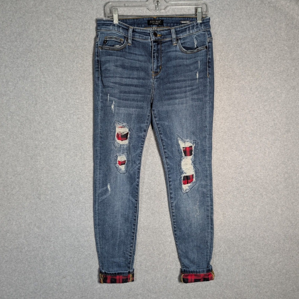 Judy Blue‎ Distressed Skinny Jeans Women 9/29 Plaid Patched Lined Buffalo Check